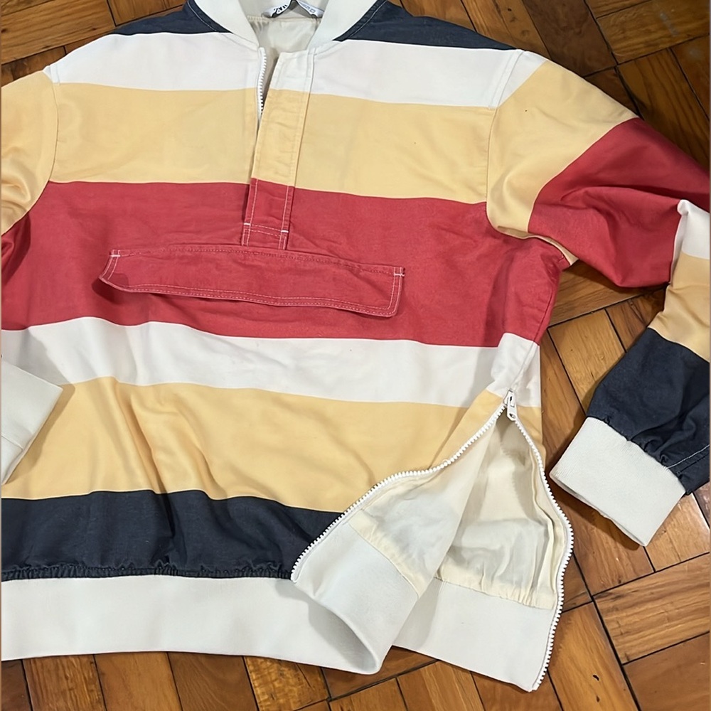 ZARA Retrocolor Striped Bomber Jacket w/ Pouch Pocket sz Medium - Picture 3 of 7